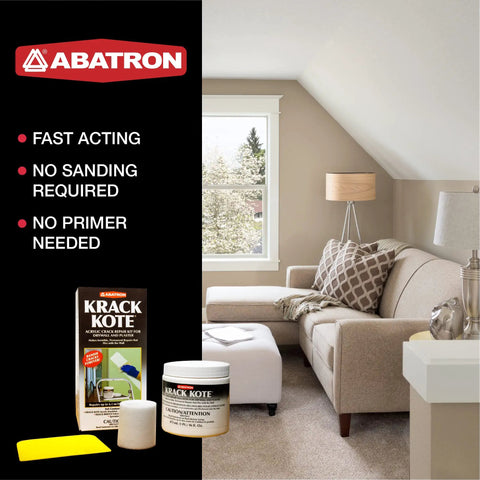 Image of Krack Kote Drywall Repair Kit with acrylic emulsion and polyester mesh patch displayed in a cozy living room.