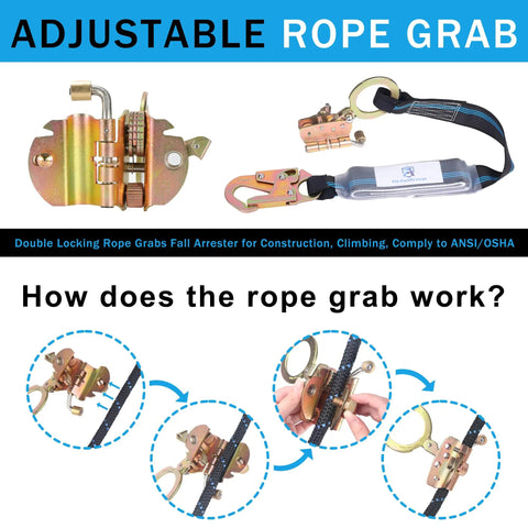 Heavy Duty Fifty Foot Vertical Lifeline Assembly With Rock Solid Alloy Steel Rope Grab close-up instructional view.