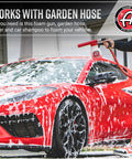 Red car being washed with Foam Gun Car Wash Sprayer For Garden Hose No Pressure Washer Needed Quick Easy Thick Snow Foam Blaster