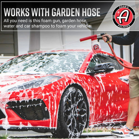 Red car being washed with Foam Gun Car Wash Sprayer For Garden Hose No Pressure Washer Needed Quick Easy Thick Snow Foam Blaster