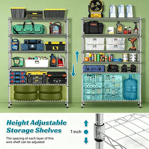 Beefy 6-Tier Wire Shelving Unit With Wheels, 6000 lb Capacity Steel Rack for Garage and Shop, Adjustable NSF Shelves, Black Finish, 48L X 18W X 72H, Quick Snap Assembly No Tools Required, shown with garage storage