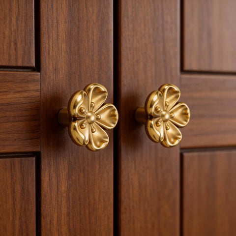 Premium Solid Brass Gold Cabinet Knobs With Cherry Blossom Flower Design on wooden cabinet doors