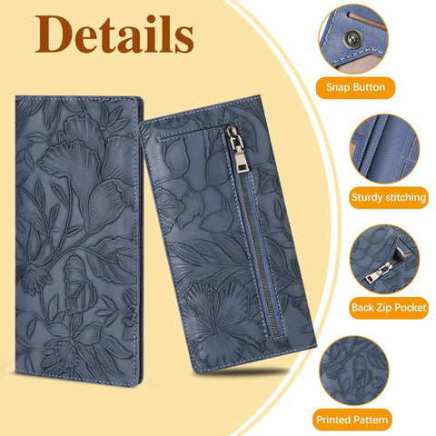 Close-up of MULE Ultra Slim Wallet For Women Bifold Leather RFID Blocking Designer Card Holder with floral pattern and zip pocket