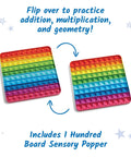 Two rainbow Hundred Board Pop Fidget Toy For Kiddos, Sensory Bubble Popper For Counting And Multiplication displayed with arrows.