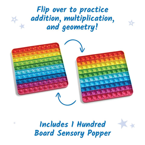 Two rainbow Hundred Board Pop Fidget Toy For Kiddos, Sensory Bubble Popper For Counting And Multiplication displayed with arrows.