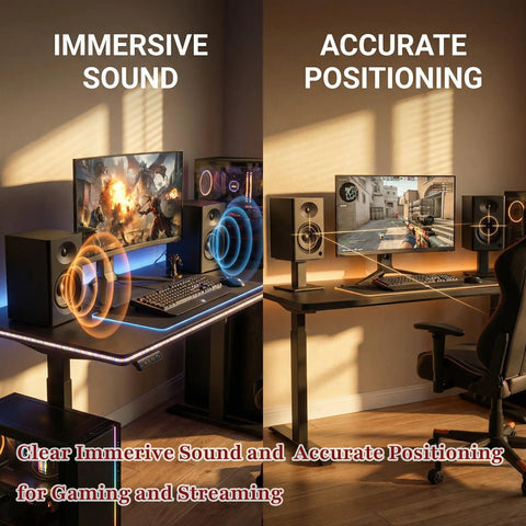 80W Peak Bluetooth 5.3 Bookshelf Speakers With 4 Inch Woofer and 1 Inch Silk Dome Tweeter in gaming setup.
