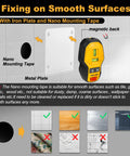 2-In-1 Rechargeable Cross Line Laser Level With Magnetic Stud Finder on tile wall using nano tape and metal plate.