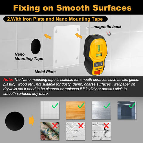 2-In-1 Rechargeable Cross Line Laser Level With Magnetic Stud Finder on tile wall using nano tape and metal plate.