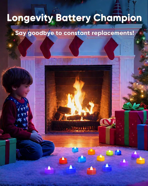 Child in festive room with Flickering Flameless LED Tea Lights 24 Pack Battery Operated For Wedding Centerpieces And Home Decor Over 200 Hours Of Bright Realistic Candle Like Glow Ideal Gift.