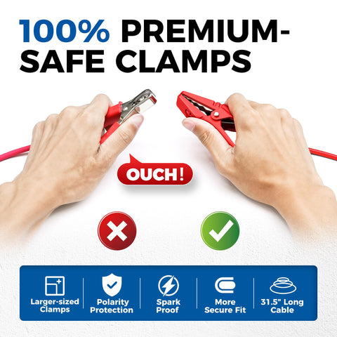 Hands holding clamps of 12V Car Battery Tester With 100 To 2000 CCA Load Test Digital Auto Battery Analyzer Alternator Checker
