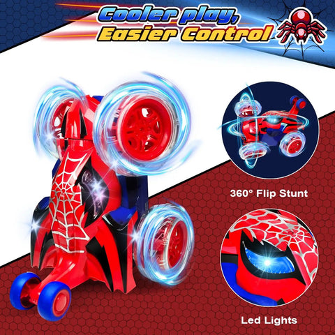 Rad Spider RC Car For Boys Aged 4 To 7, 360 Flip Monster Crawler with 4WD light up wheels and LED night glow design.