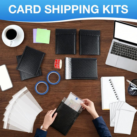 All In One Trading Card Shipping Kit With 60 Bubble Mailers And 120 Card Protectors, 60 Self Sealing Bags on a desk with accessories