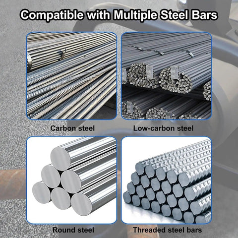 Different types of steel bars including carbon, low-carbon, round, and threaded steels compatible with Heavy Duty 1200 Watt Handheld Electric Rebar Bender.