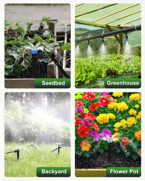 Long Reach Drip Irrigation System Kit With 6 Way Connectors, 230 Feet Tubing in use for gardens, greenhouses, and flower pots