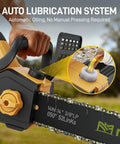 Powerful Cordless 40V 14 Inch Chainsaw With Auto Oiler, showing lubrication system in use for smooth operation.