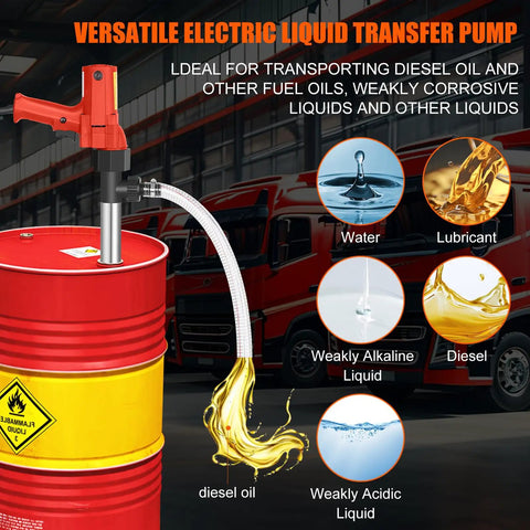 Heavy Duty 110V Electric Fuel Transfer Pump Delivering 1980W for quick diesel and oil transfers with stainless steel tube and wire hose.