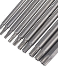 Close-up of 10-piece Torx Security Screwdriver Bit Set T6 to T40 with quarter-inch magnetic hex shank and 4-inch long S2 steel bits