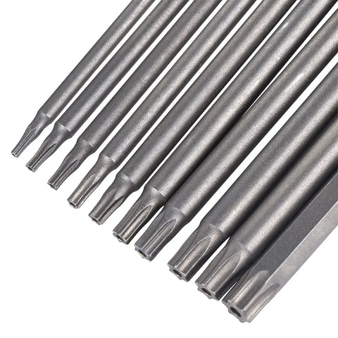 Close-up of 10-piece Torx Security Screwdriver Bit Set T6 to T40 with quarter-inch magnetic hex shank and 4-inch long S2 steel bits
