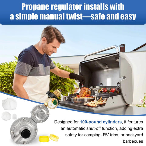 Feikeer vertical two-stage propane regulator with POL valve and gauge; chrome finish for gas grills and RVs