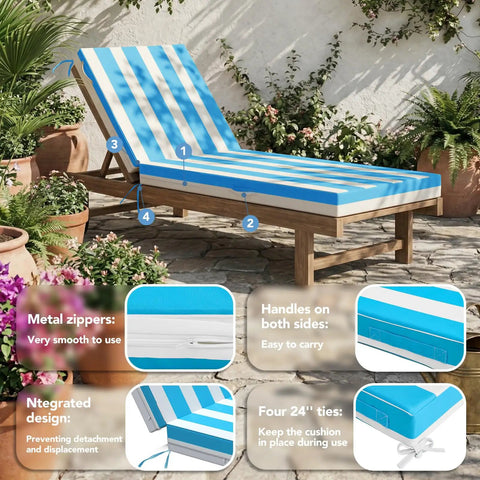 Waterproof Outdoor Lounge Chaise Cushions Two Pack 72 By 21 By 3 Inches With Fade Resistant Removable Covers For Poolside Patio Lawn Deck Blue White Pair
