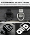 Hella Secure Heavy Duty D Ring Tie Down Anchors 10 Pack Quarter Inch 2400 Lbs Swivel Surface Mount in black and silver finishes.