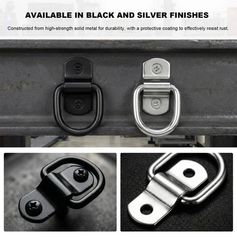 Hella Secure Heavy Duty D Ring Tie Down Anchors 10 Pack Quarter Inch 2400 Lbs Swivel Surface Mount in black and silver finishes.