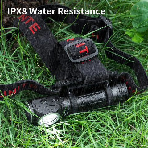Long Throw Headlamp With 323 Meter Beam For Long Range Vision And 1755 Lumen Rechargeable LED, IPX8 water resistance in grass.