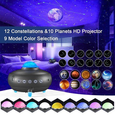 Lit Night Projector With 12 Constellations And 10 Planets Bluetooth Speaker And Timer 10 Color Starry Sky Show in bedroom.