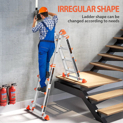 Frame Style 4 Step Extension Ladder, 11.4 Ft Telescoping Aluminum With Anti Slip Stabilizer Bar, 330 Lb Load, Multi Position Ladder For Stairs, Home, Roof, Outdoor Projects, Easy Open And Stable Setup on irregular stairs