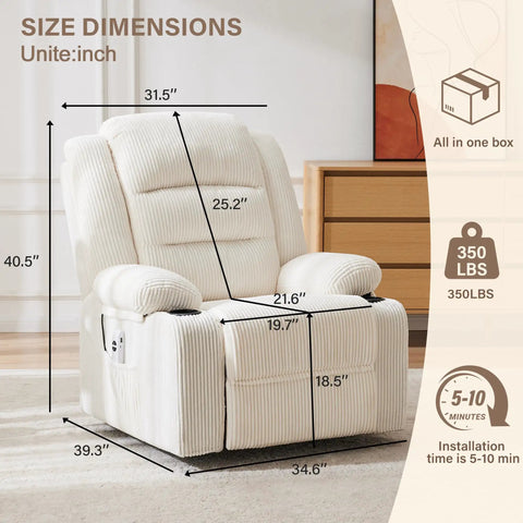 Power Pushback Electric Recliner With Cup Holders For Adults in Stripe White dimensions with smooth backrest and footrest