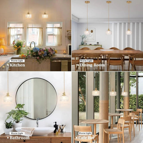 2 Pack Vintage Pendant Lights With Clear Striped Glass Shades And Slick Brass Finish Adjustable Hanging Fixtures For Kitchen Island Or Dining Room Featuring Warm Glowing Led Bulbs That Are Gonna Hit Different displayed in kitchen and dining room.
