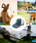 Beer Drinking Elf Funny Women Trucker Cap Sky Blue Adjustable Hat displayed with outdoor activities like golf and hiking.