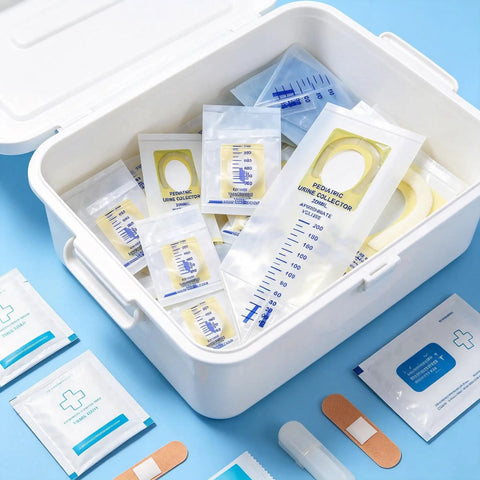 20 Pack Disposable Urine Bags For Kids With Adhesive Surface in open container, showing measurement scale and packaging details.