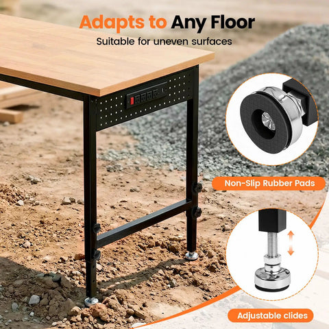 Beefy 48 Inch Adjustable Heavy Duty Workbench With 2000 Lbs Load Capacity shown on uneven surface with adjustable feet.