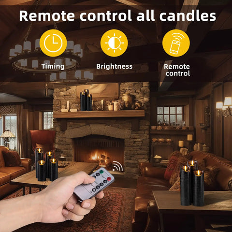 Set Of 9 Black Textured Flameless LED Real Wax Pillar Candles With Remote Control And Timer in cozy living room setting