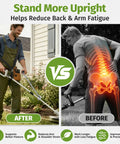Comparison of ergonomic weed eater handle with shoulder strap improving posture versus traditional use. Weed Eater Handle With Shoulder Strap For Back Saving Comfort, Ergonomic Weedeater Handle Extension, Trimmer Handle For String Trimmer, Easy Yard Work, Lawn Care And Edging.