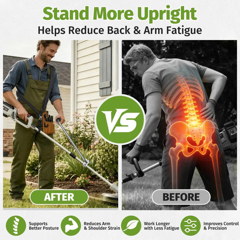 Comparison of ergonomic weed eater handle with shoulder strap improving posture versus traditional use. Weed Eater Handle With Shoulder Strap For Back Saving Comfort, Ergonomic Weedeater Handle Extension, Trimmer Handle For String Trimmer, Easy Yard Work, Lawn Care And Edging.