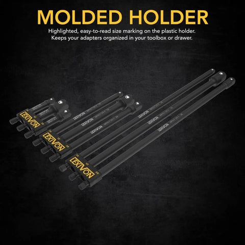 Nine Piece Impact Socket Adapters Set With 3, 6, And 12 Inch Extensions For Quarter, 3 Eighths, And Half Inch Drives in a molded holder