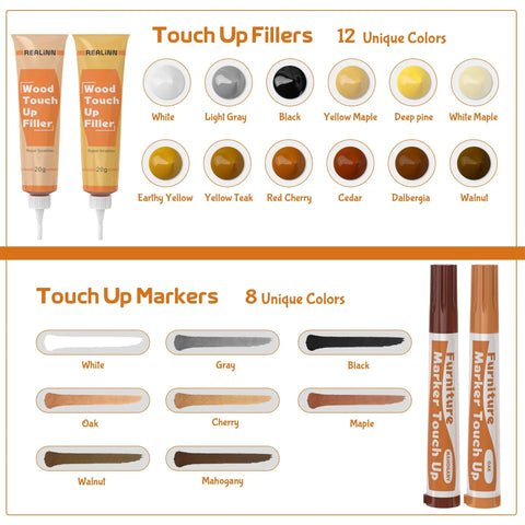 Wood Furniture Repair Kit 28 Piece Set With Touch Up Markers And Fillers, showing 12 fillers and 8 markers in various colors.