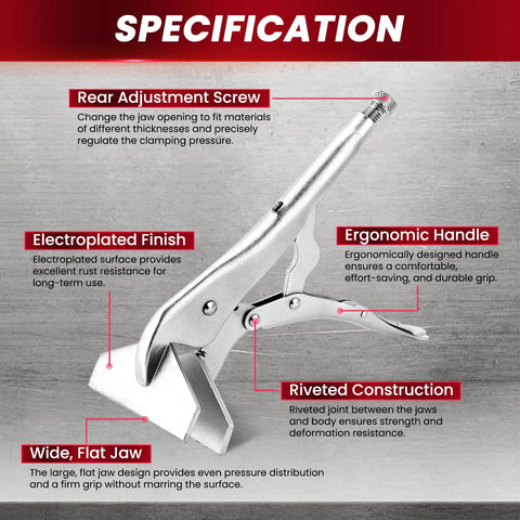 Side view of AMGSH 10-inch locking sheet metal clamp; adjustable welding pliers with wide flat jaw electroplated finish