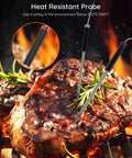2-Pack 2.5mm Probe Replacement For H5055 Meat Thermometer inserted in grilled steak, showing food-grade stainless steel probes in use