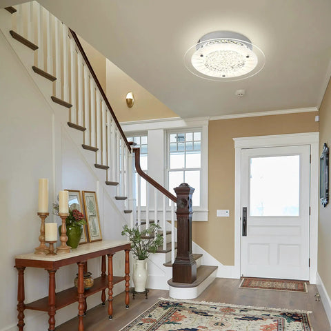 Entryway with Crystal Ceiling Light Fixture Dimmable LED 11 Inch Flush Mount Brightens Any Room Daylight 4000K installed.