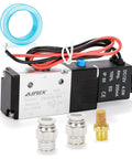 Three Way Pneumatic Solenoid Valve Model 3V210-08, DC 12V, Two Position, One Quarter Inch NPT Pilot Operated, fittings shown