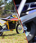 Roller chain on a yellow off-road dirt bike; split view with chain close-up on the right.