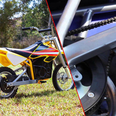 Roller chain on a yellow off-road dirt bike; split view with chain close-up on the right.