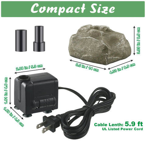 Bird Bath Water Fountain Rock With Electric Pump And Power Source shown in compact size with dimensions