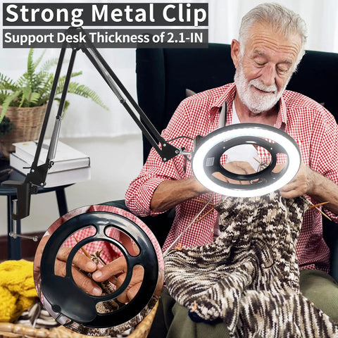 Senior using 12X Magnifying Glass With Light LED Lamp Clamp On Arm for knitting close-up work, adjustable workbench light visible