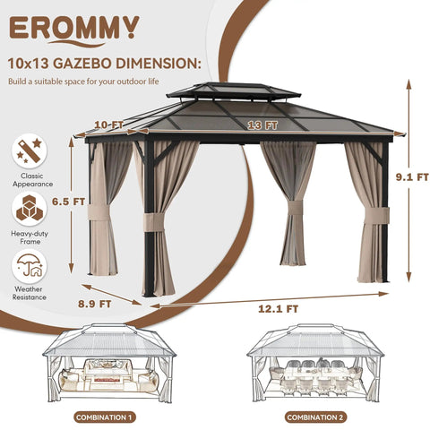 10 Foot By 13 Foot Gazebo With Double Polycarbonate Roof, Durable Aluminum Frame Pergola With Netting And Curtains