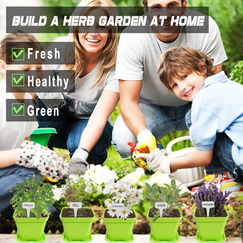 Family enjoying gardening with 10 Herb Seeds Garden Starter Kit With Green Pots, Markers, Soil Discs, Watering Bottle, Mini Pruner, And Growing Guide For Indoor Kitchen Herb Garden Kit Bundle