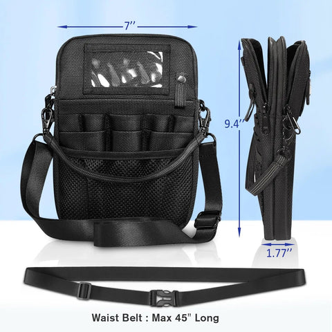 All-In-One Must-Have Nursing Utility Fanny Pack With Tape Holder And Stethoscope Pocket, black, dimensions shown, waist belt 45"